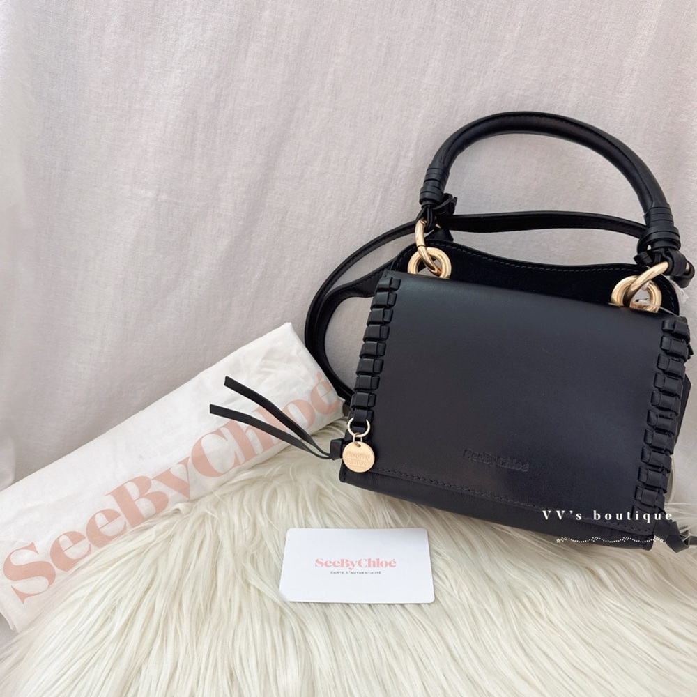 NWT See by Chloé Tilda Mini Crossbody Top Handle Smooth Leather Black Gold RARE